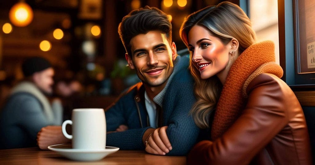 Man and a woman sitting in a coffee shop happy